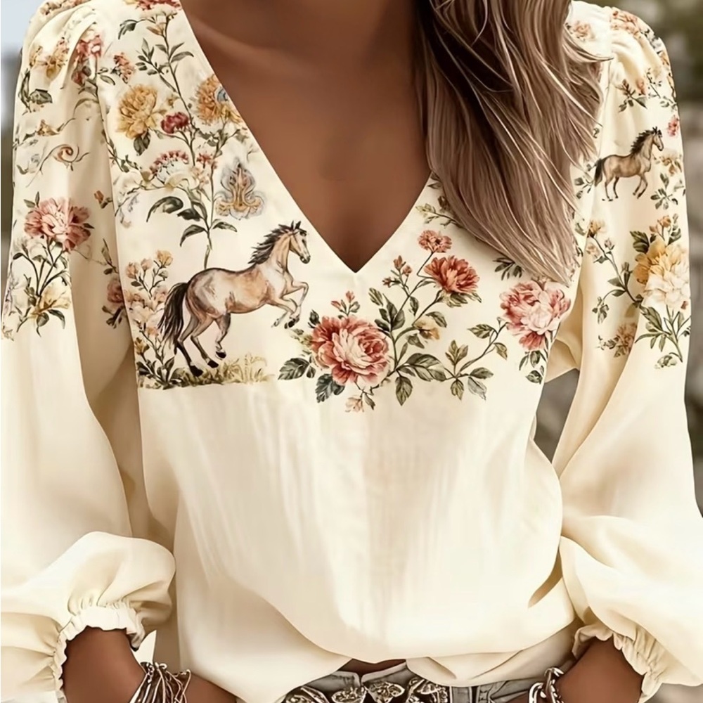 Floral Horse Print Cream Blouse Small NWOT